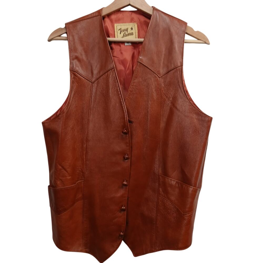 Vintage Tony Lama Genuine Leather Western Vest Cognac Brown Mens 40